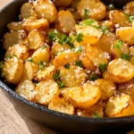 Crispy roasted potatoes with pink salt served in a cast iron skillet
