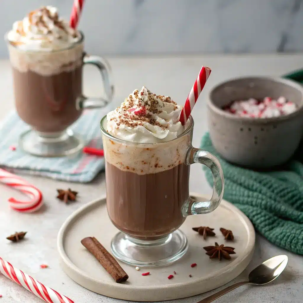 Dairy-free peppermint hot chocolate made with almond milk.