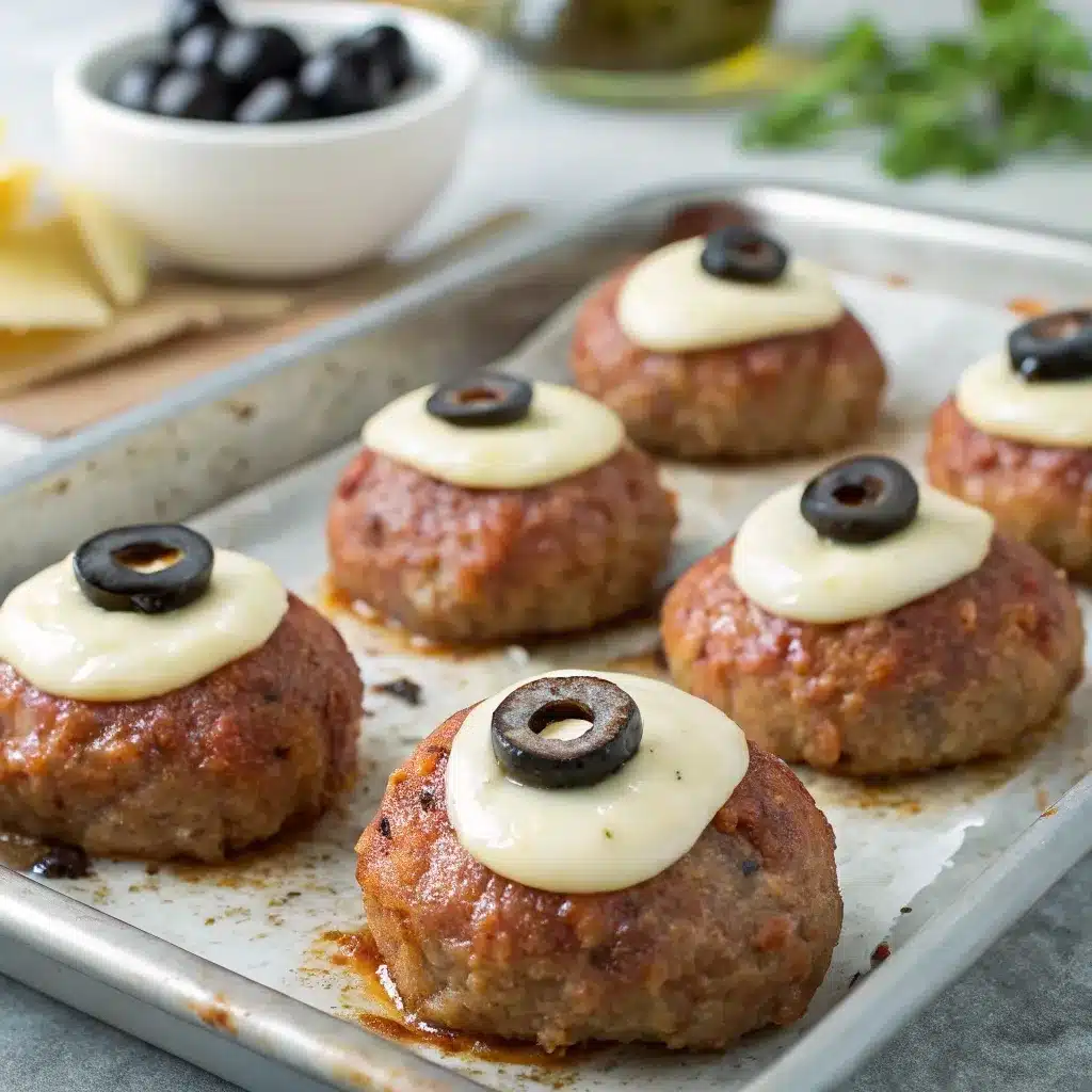 Close-up of meatballs with mozzarella and olives to look like eyeballs