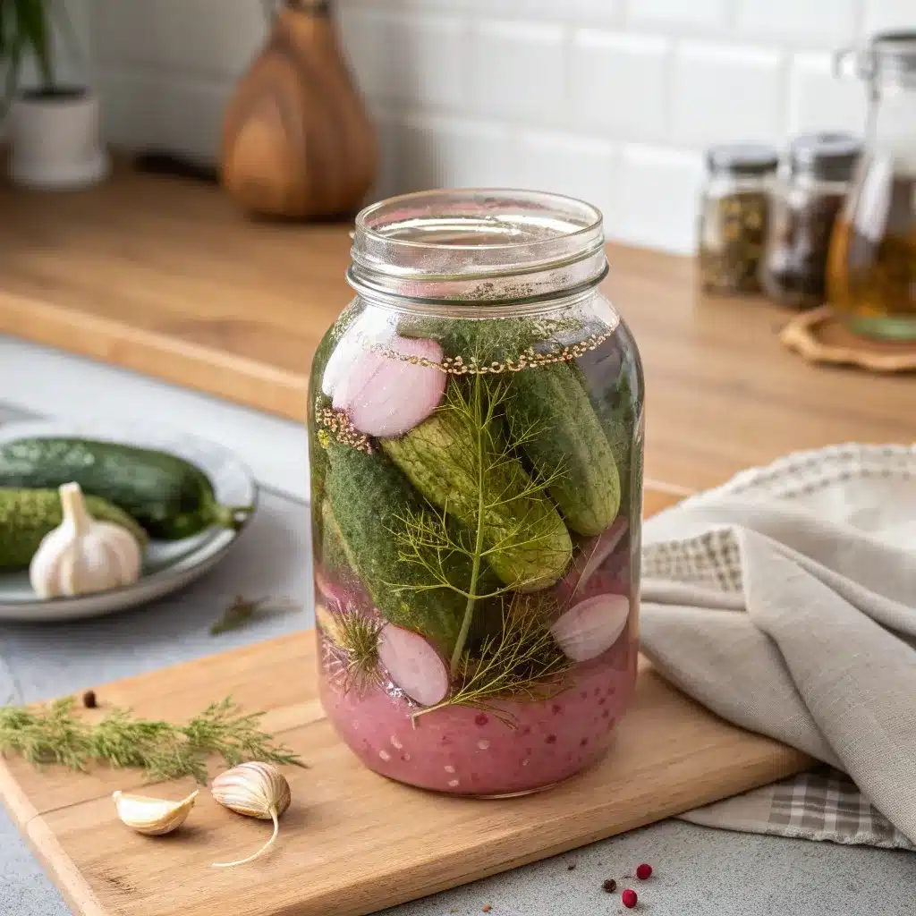 Jar of pickles fermenting in pink salt brine with dill and garlic