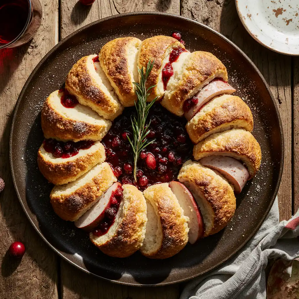 Festive turkey cranberry crescent wreath on holiday table with rosemary and cranberries
