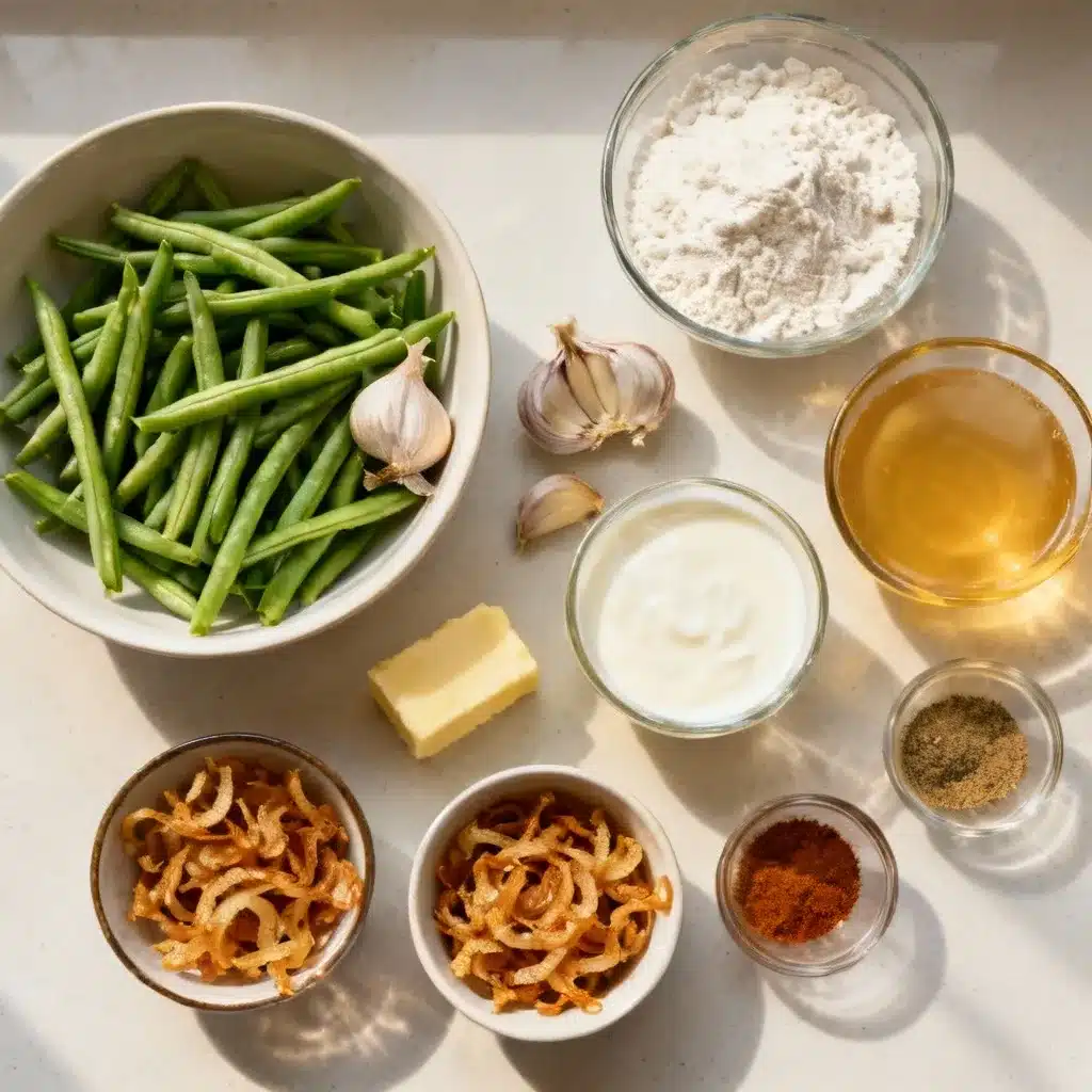 Ingredients laid out for homemade green bean casserole without canned soup