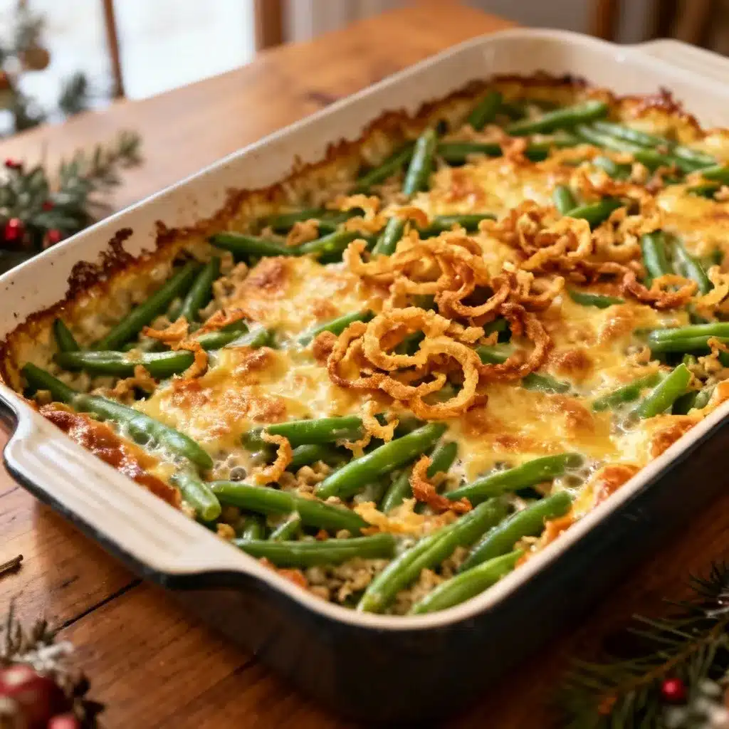 Fresh green bean casserole without mushroom soup baked with golden onions