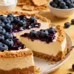 Full no bake blueberry cheesecake with slice cut out