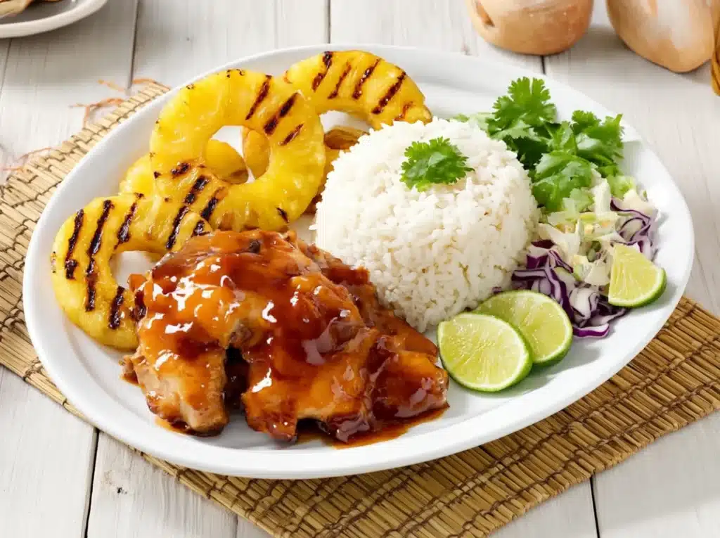 Grilled pineapple served with Hawaiian Huli Huli chicken