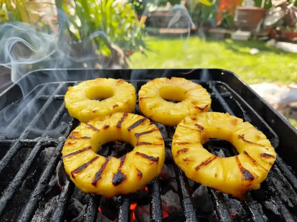 Pineapple rings caramelizing on the grill