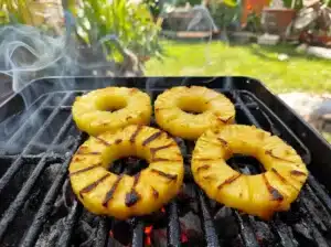 Pineapple rings caramelizing on the grill