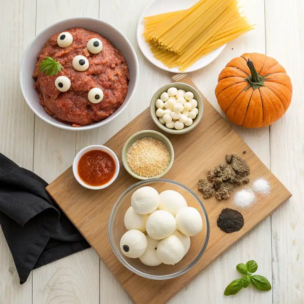 Flat lay of fresh ingredients for Halloween pasta with meatball eyeballs