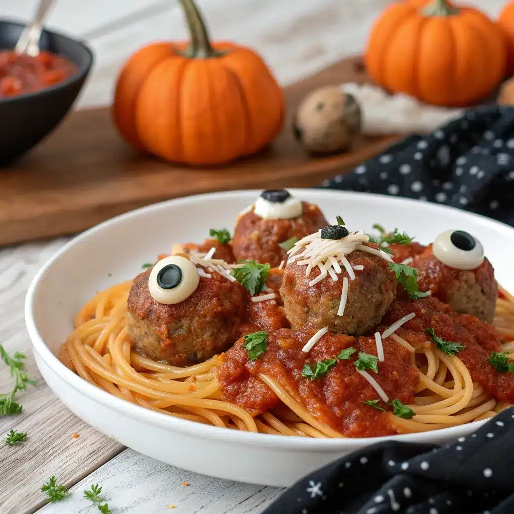 Halloween Pasta with Meatball Eyeballs served on a rustic plate with marinara and herbs