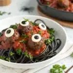 Close-up of pasta with meatball eyeballs and marinara