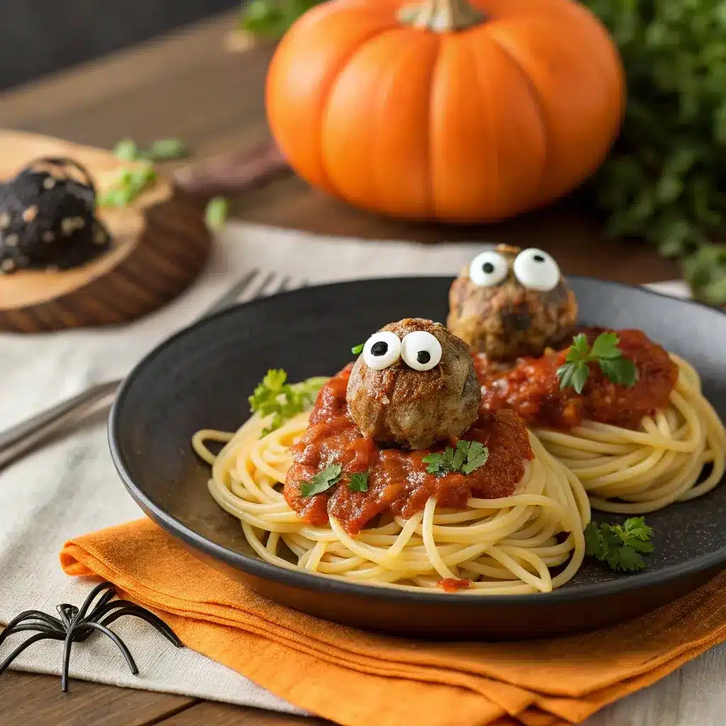 Halloween Pasta with Meatball Eyeballs served on a plate with light decor