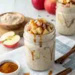 High-Protein Apple Pie Overnight Oats served in a mason jar with apples and cinnamon