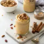 High-Protein Pumpkin Pie Mousse jar on light background with toppings