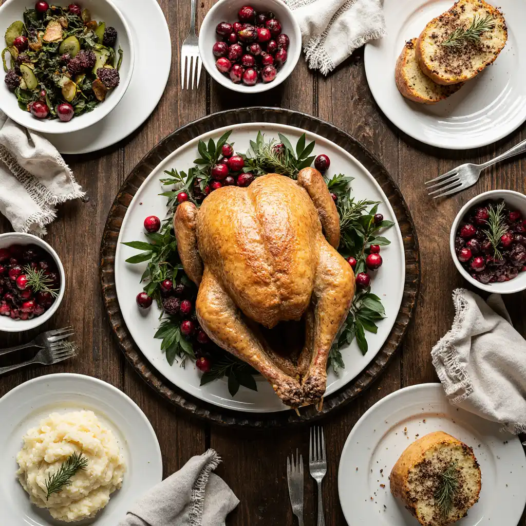 Holiday table with turkey cranberry crescent wreath centerpiece, paired with sides and zucchini coffee cake bread