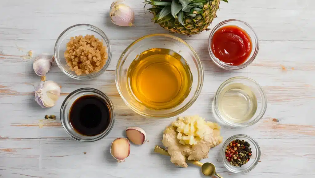 Ingredients for Huli Huli sauce arranged on kitchen counter