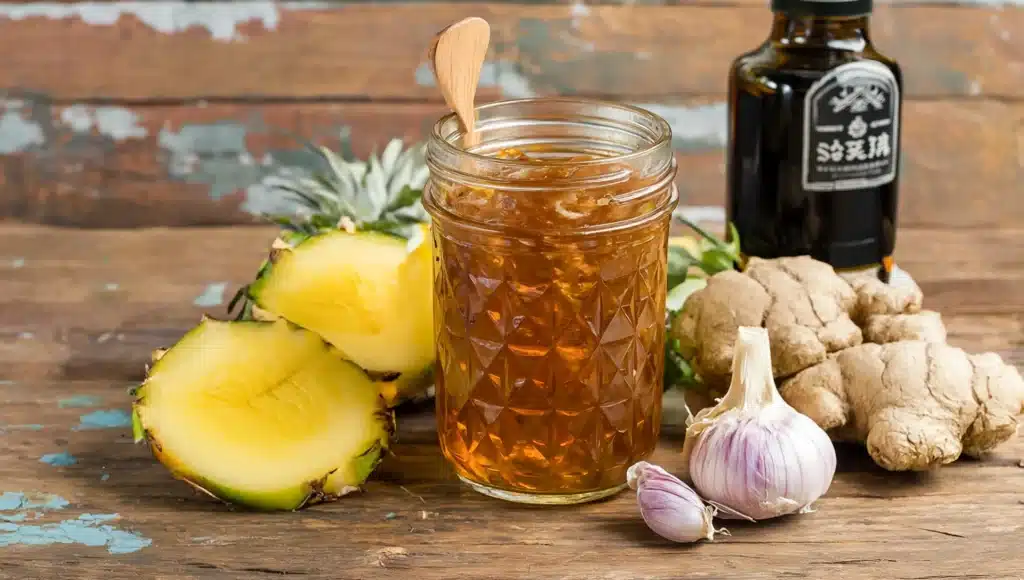Homemade huli huli sauce recipe in glass jar with tropical ingredients