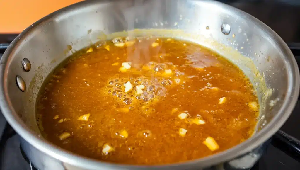 Huli Huli sauce simmering in a saucepan with ginger and garlic