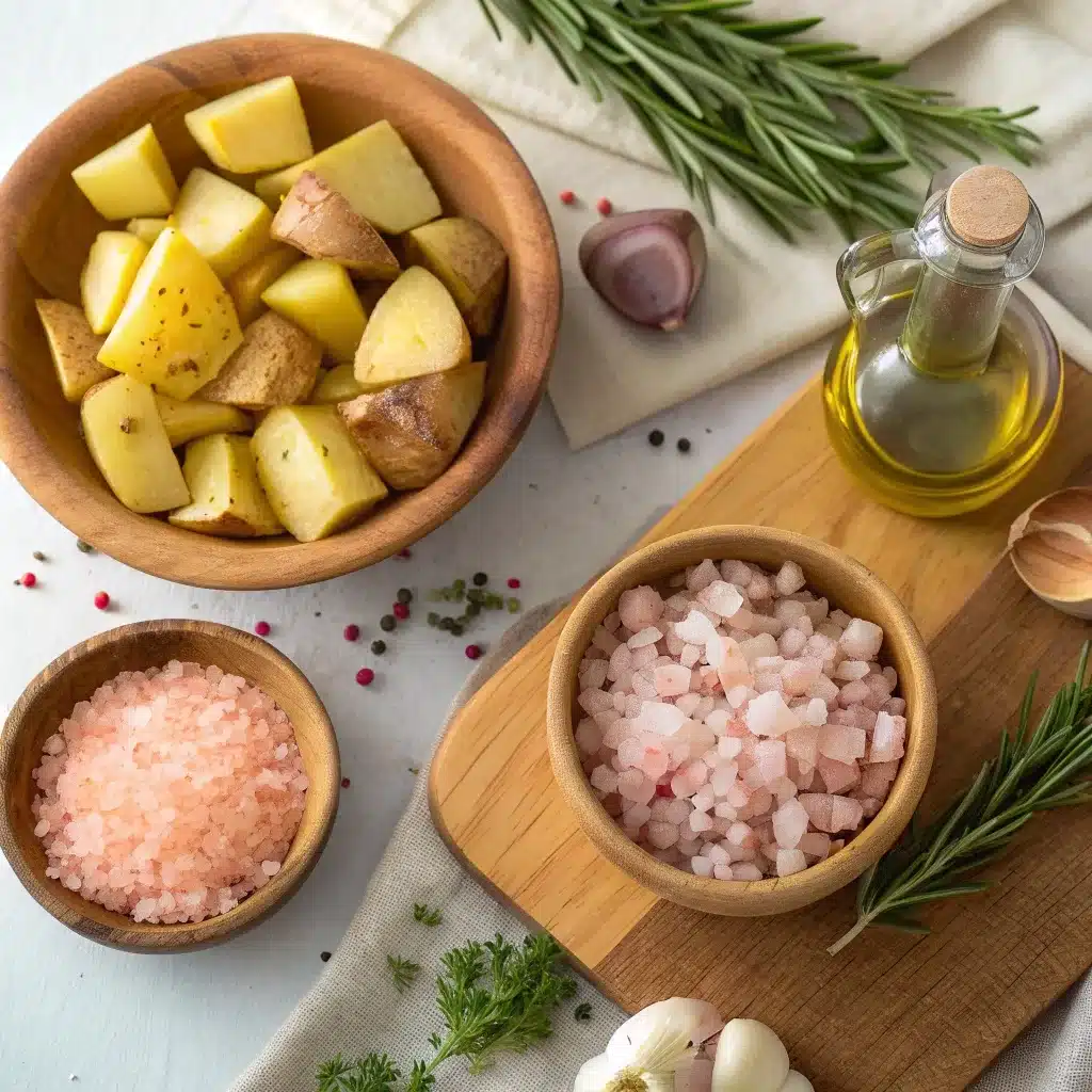 Raw potatoes, pink salt, garlic, herbs, and olive oil for crispy roasted potatoes