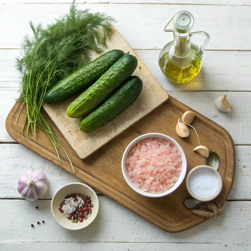 Cucumbers, garlic, dill, vinegar, and Himalayan pink salt for pickles