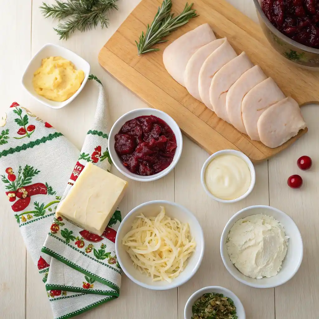Ingredients for turkey cranberry crescent wreath recipe with dough, turkey, and cranberry sauce