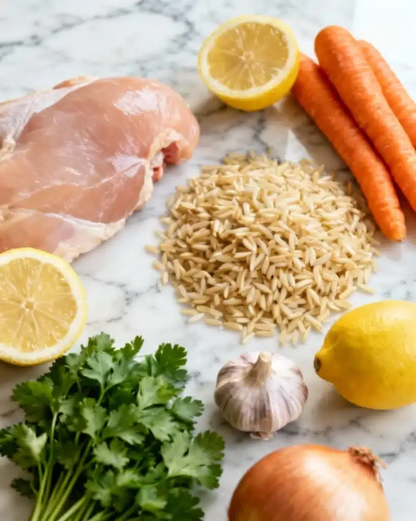 lemon chicken orzo soup ingredients on countertop