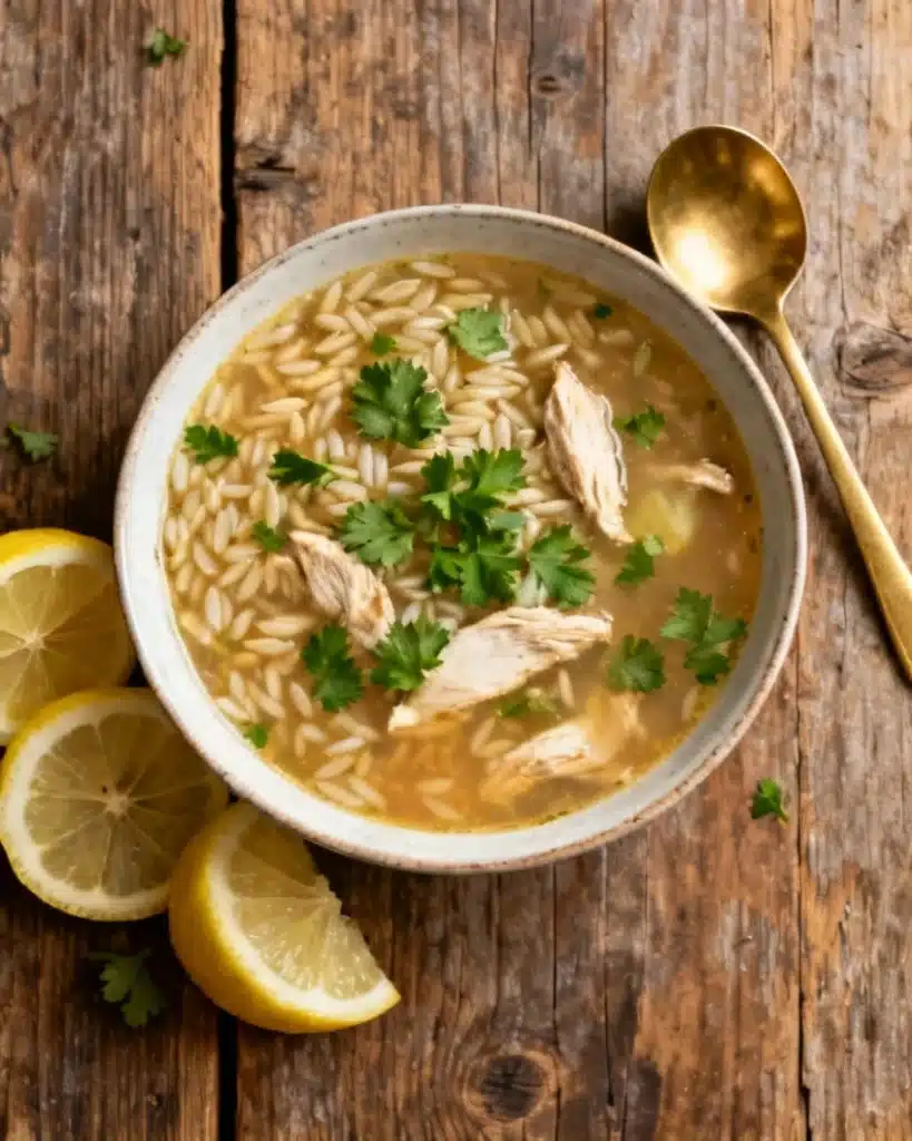 lemon chicken orzo soup in a bowl on table