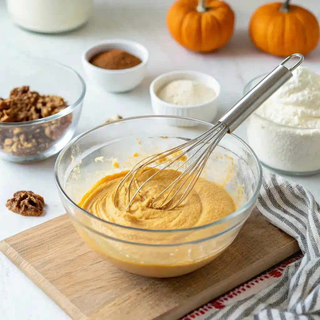 Mixing pumpkin puree and yogurt for High-Protein Pumpkin Pie Mousse