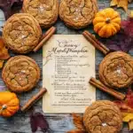 Chewy maple pumpkin cookies displayed next to recipe card