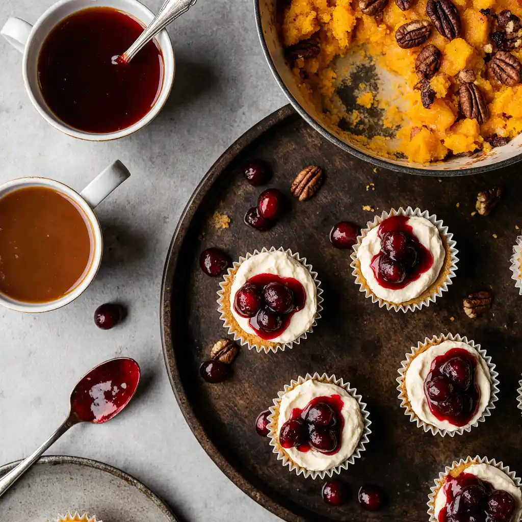 Mini cranberry pumpkin cheesecakes topped with cranberry sauce served with orange hot chocolate and sweet potato casserole.