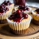 Mini cranberry pumpkin cheesecakes with cranberry topping on a holiday platter.