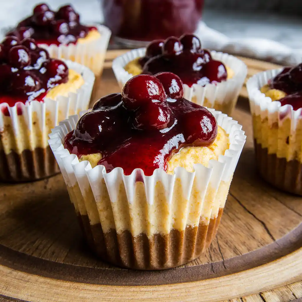 Mini cranberry pumpkin cheesecakes with cranberry topping on a holiday platter.