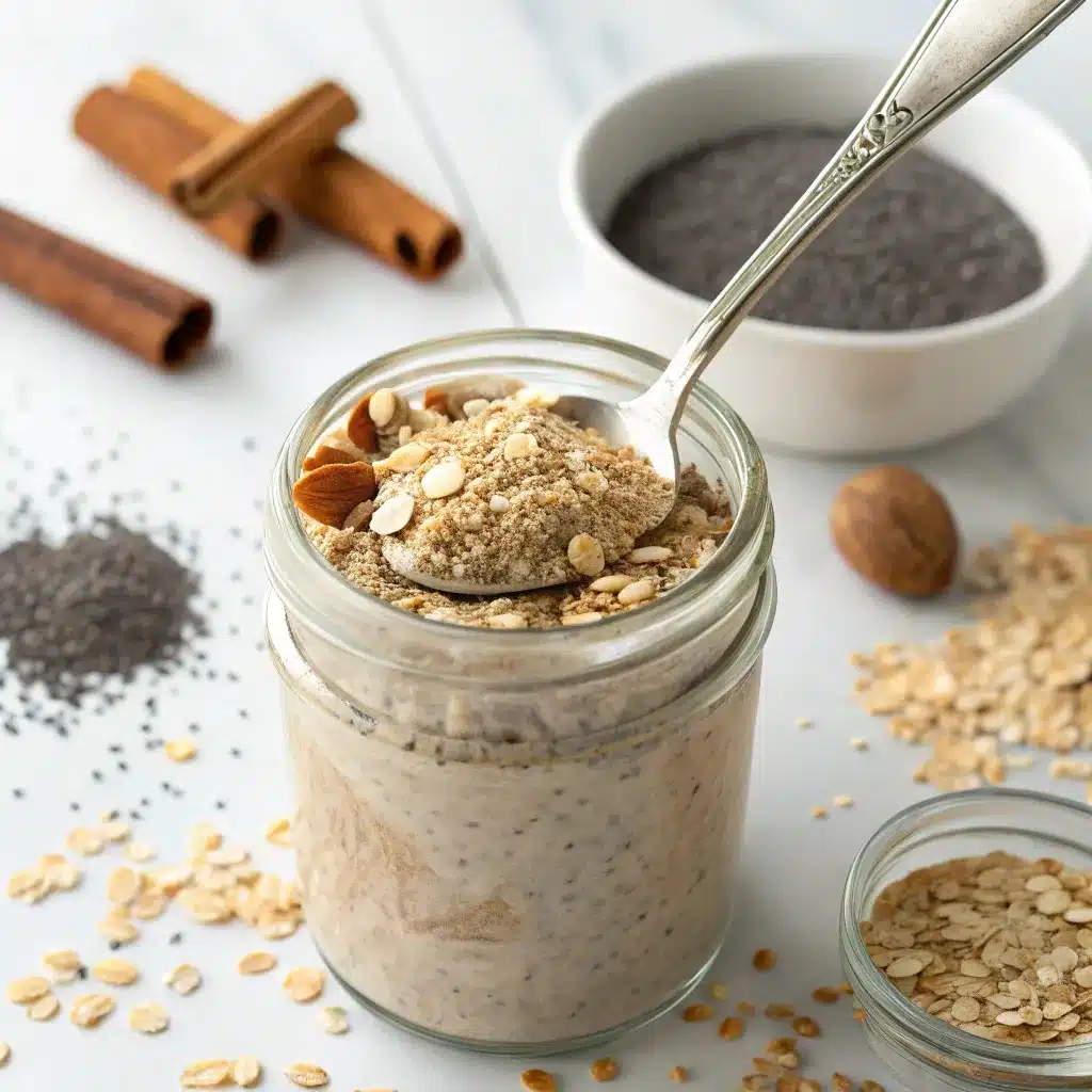Mixing oats, protein powder, chia seeds, and cinnamon in a jar