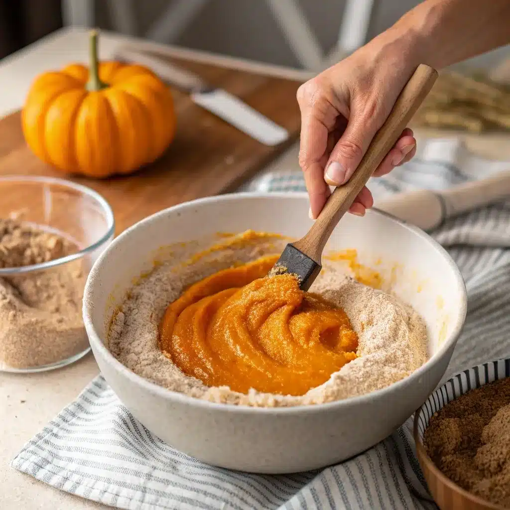 Mixing batter for gluten-free pumpkin muffins with oat flour