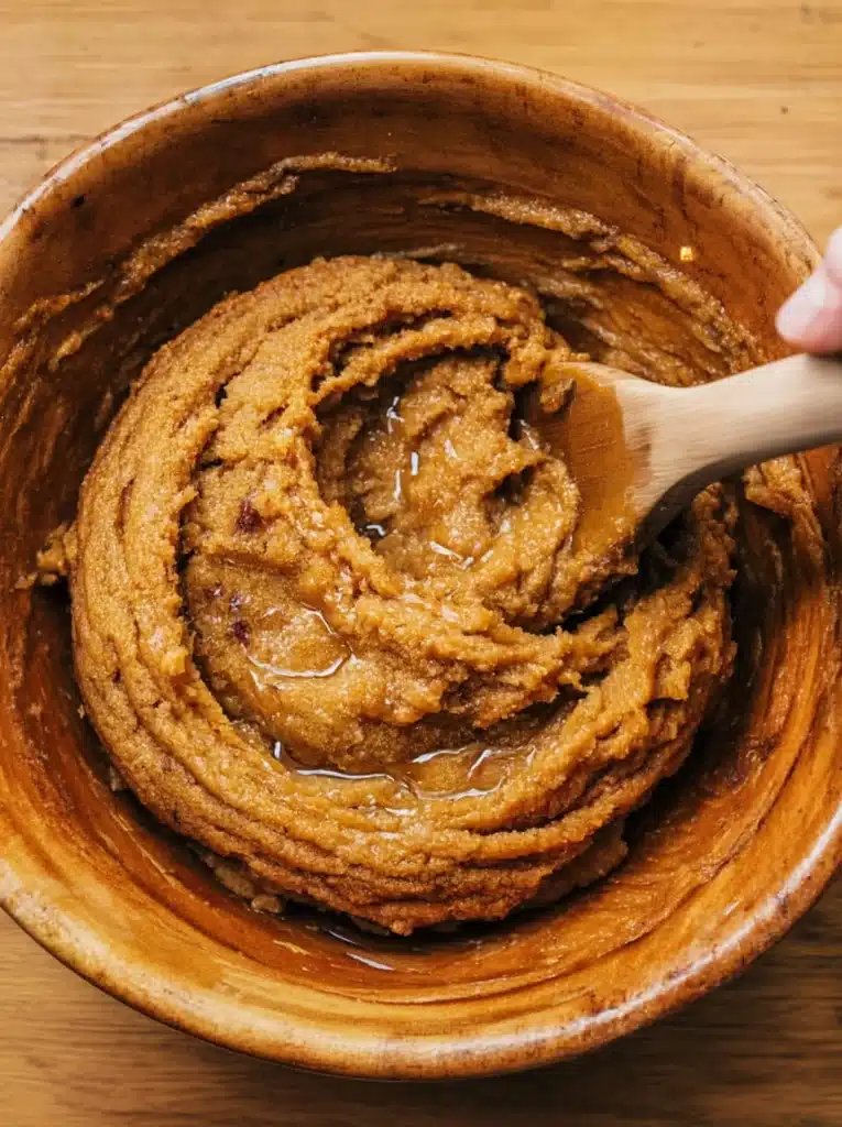 Hand mixing dough for chewy maple pumpkin cookies in ceramic bowl