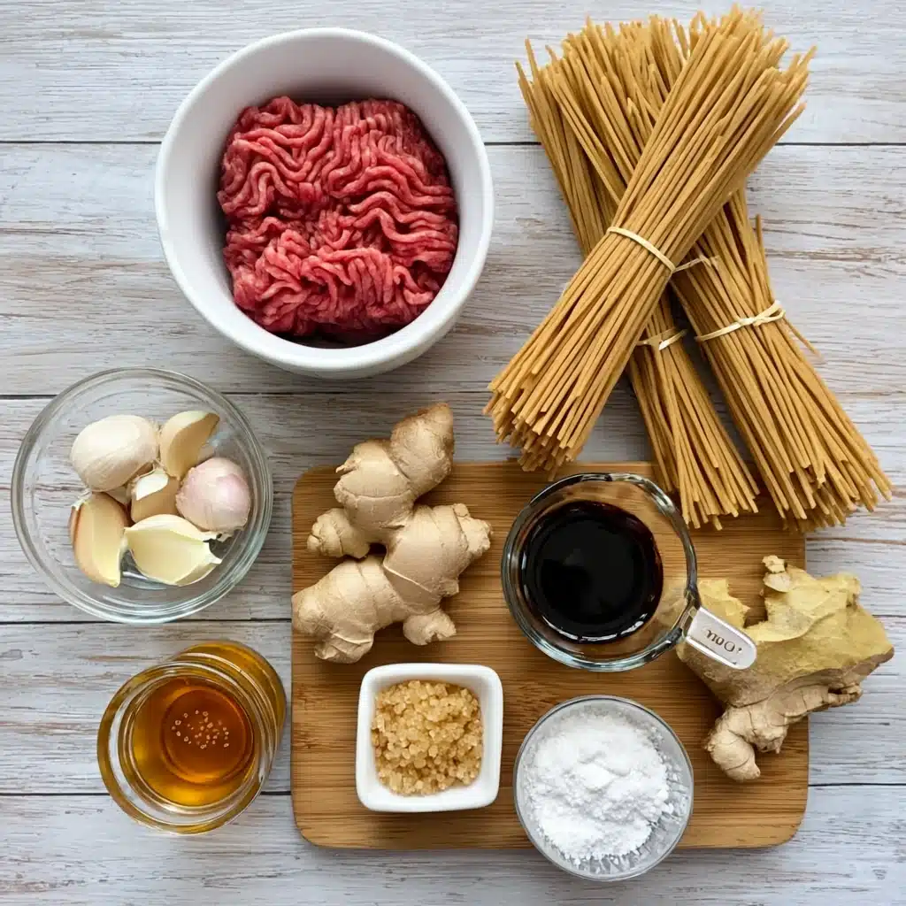 Ingredients for Mongolian ground beef noodles on counter