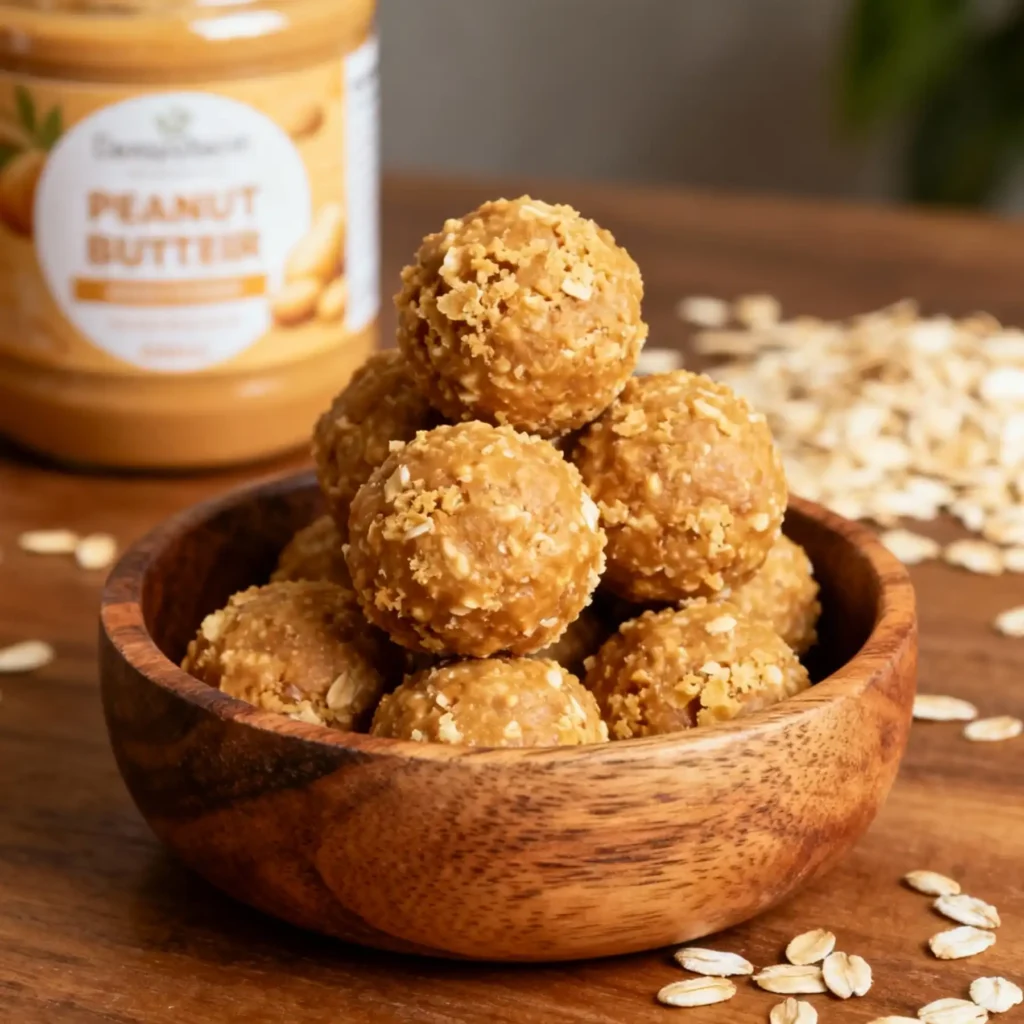no bake peanut butter protein balls in rustic bowl