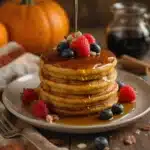 fluffy oat flour pumpkin pancakes with maple syrup and berries