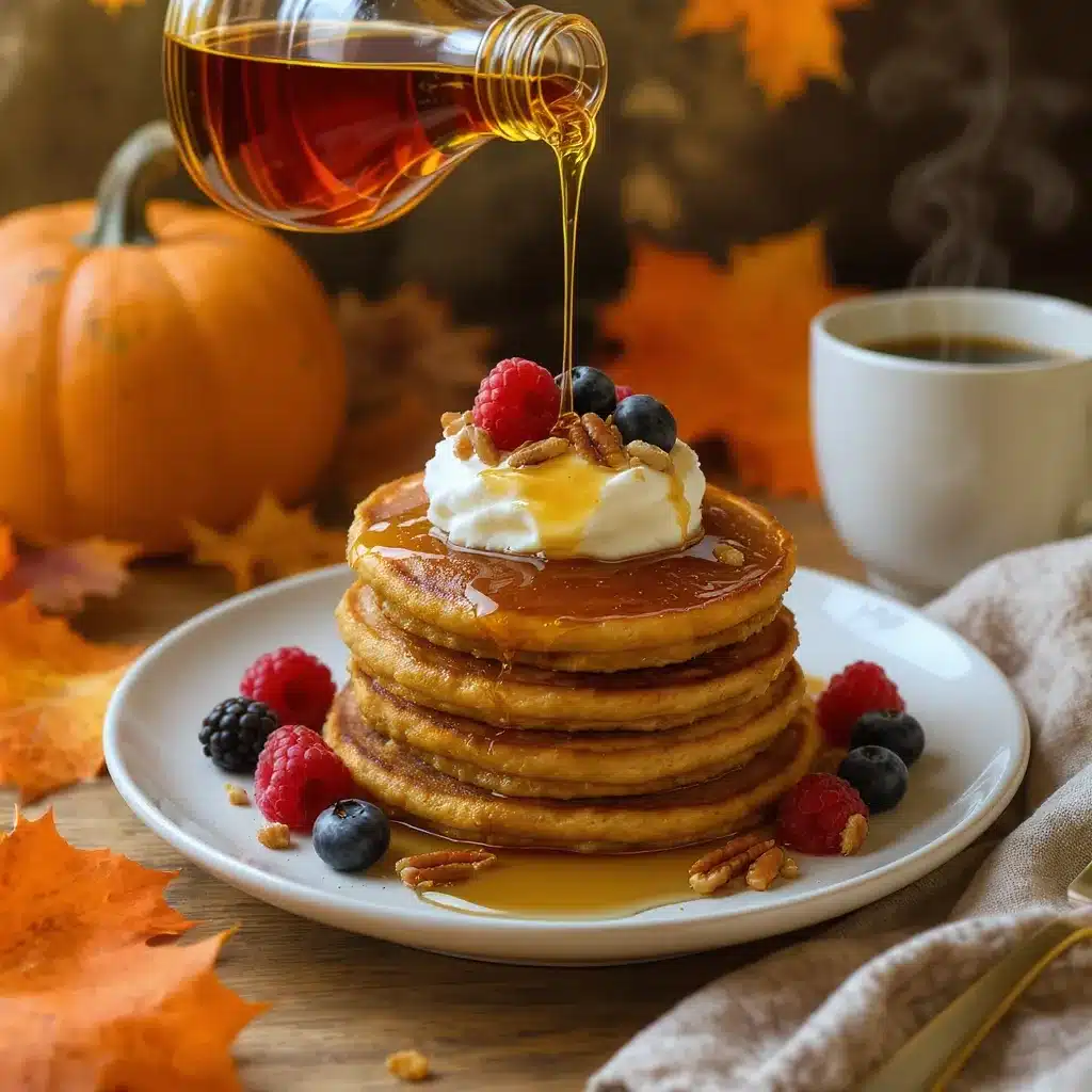 oat flour pumpkin pancakes served with syrup, berries, and whipped cream