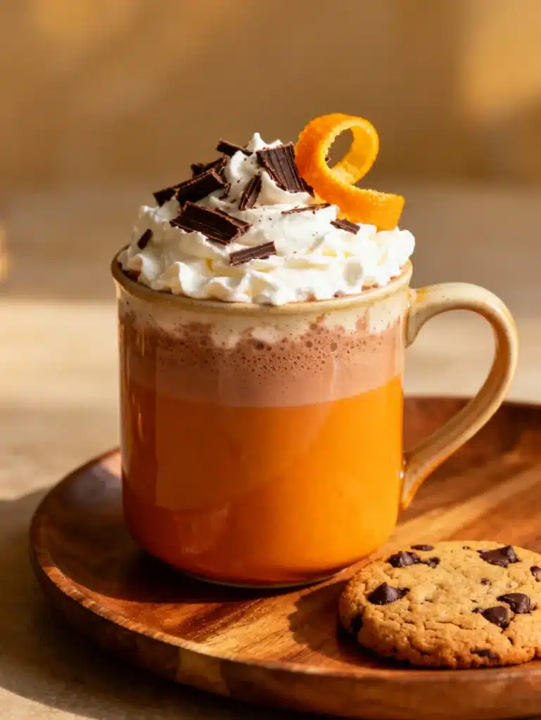 Mug of orange hot chocolate served with toppings and cookie