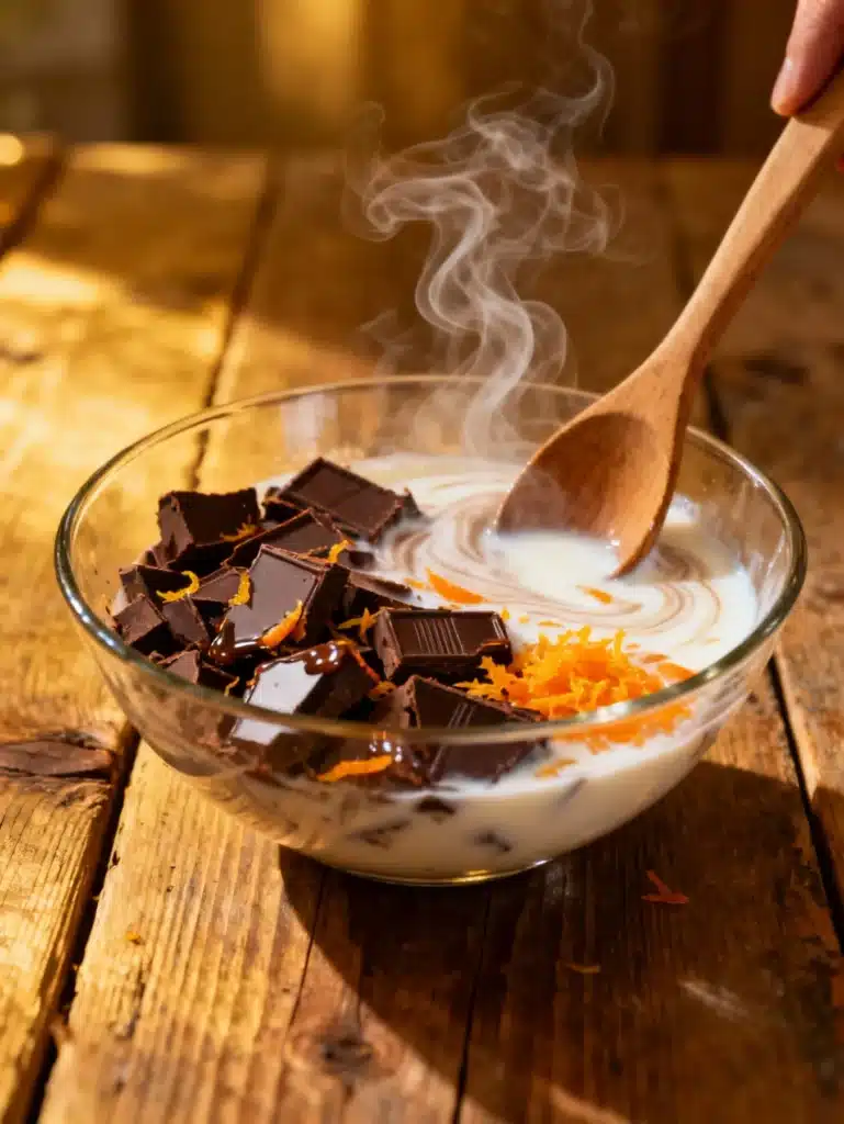 Mixing dark chocolate and orange zest into hot milk