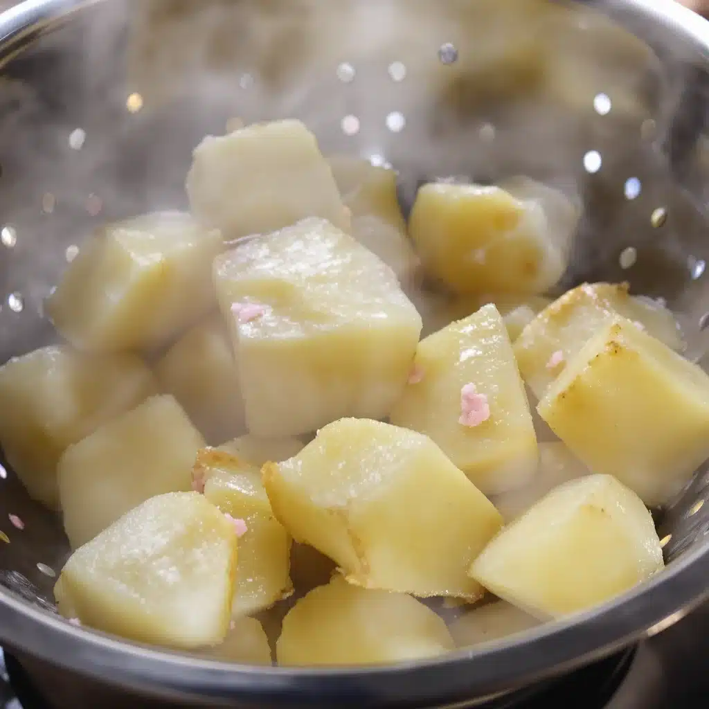Steaming parboiled potatoes in colander for crispy roasted potatoes with pink salt