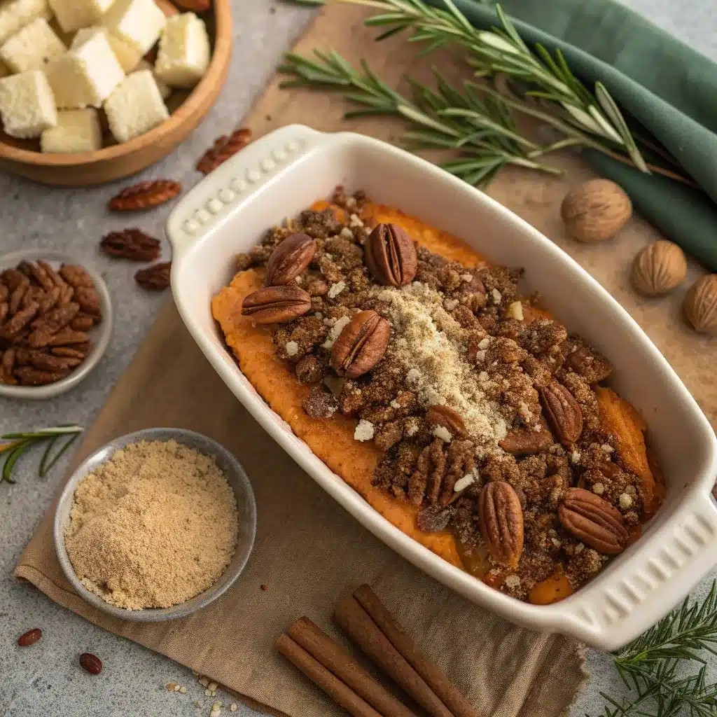 Pecan topping with butter, sugar, and rosemary for savory sweet potato casserole with pecans.