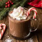 Mug of peppermint hot chocolate with whipped cream and candy cane garnish.
