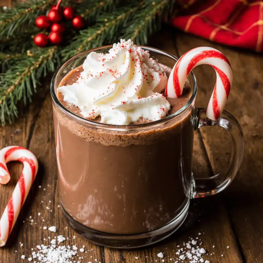 Mug of peppermint hot chocolate with whipped cream and candy cane garnish.