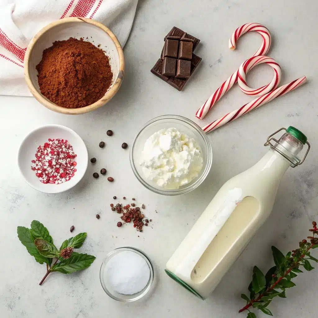 Cocoa powder, milk, sugar, peppermint extract, and candy canes for hot chocolate.