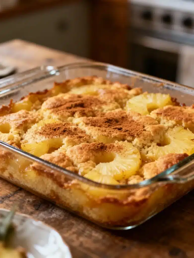 Freshly baked pineapple casserole in glass dish with pineapple rings and cinnamon