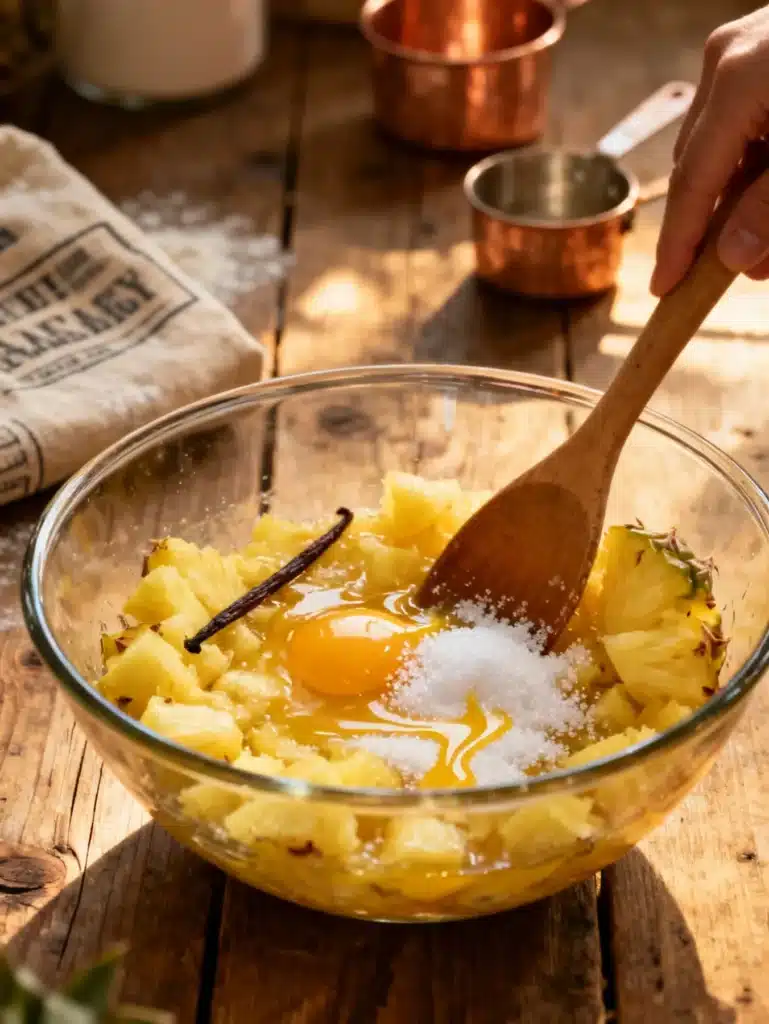 Mixing ingredients for pineapple bake casserole