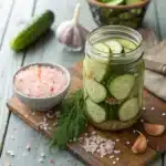 Homemade pink salt pickles with garlic and dill in a glass jar
