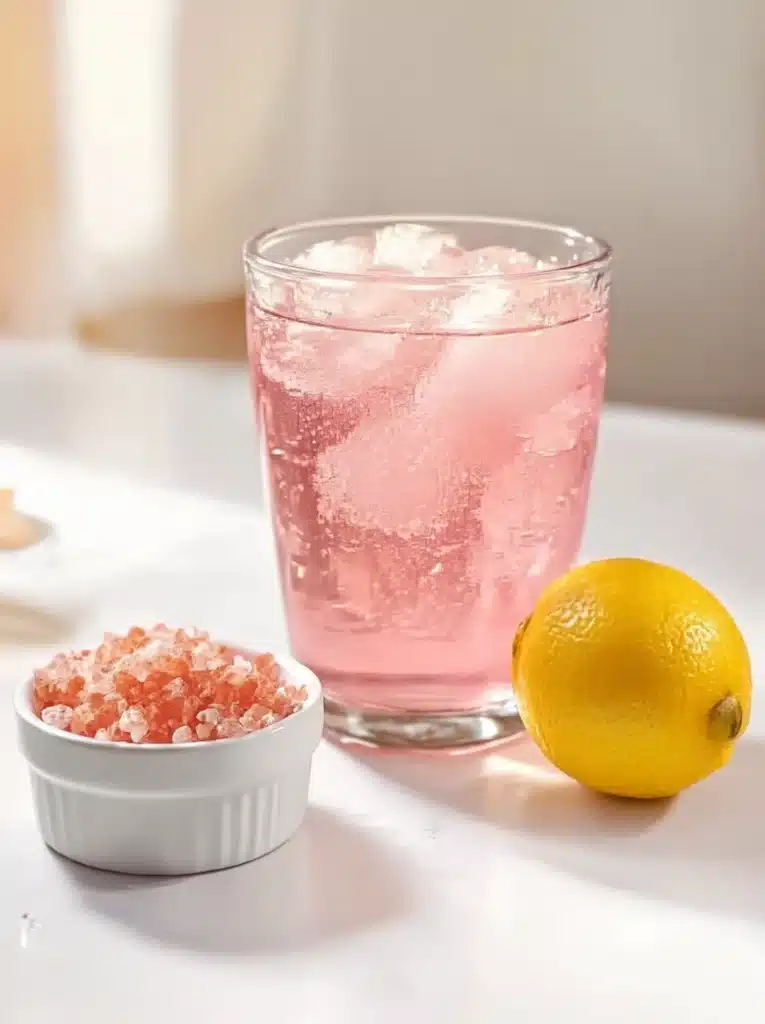 Glass of pink salt trick water for morning detox
