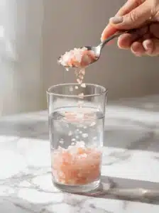 Stirring pink salt into morning detox drink